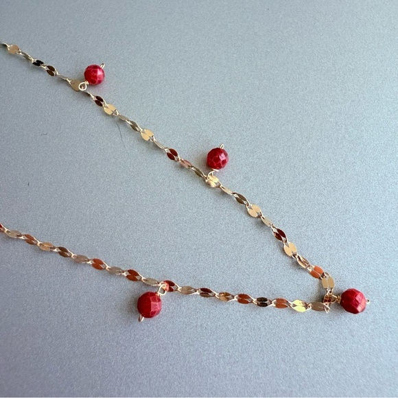 14k Gold Natural Ruby Faceted Beaded Chain Necklace & Stretchable Ring Set - Picture 4 of 12